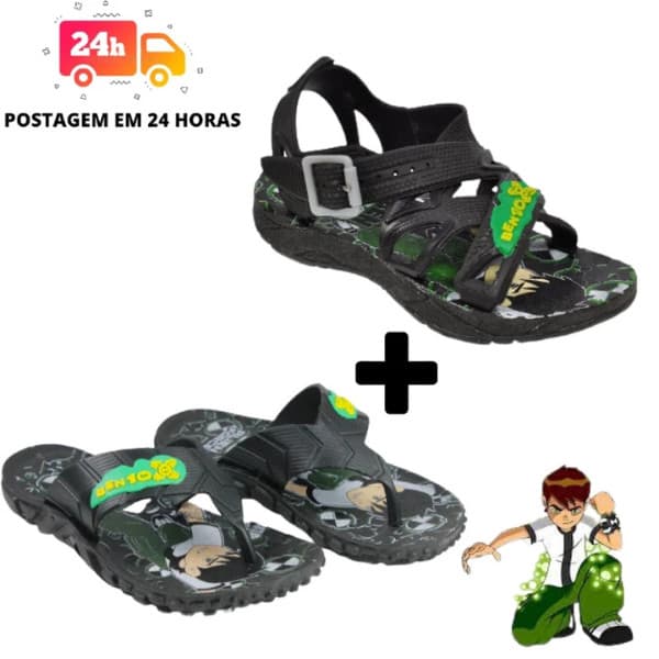 Kit Chinelos e Sandalia Masculino Infantil Personagens Desenho Ben 10 Confortável Macio Leve 25 ao 32