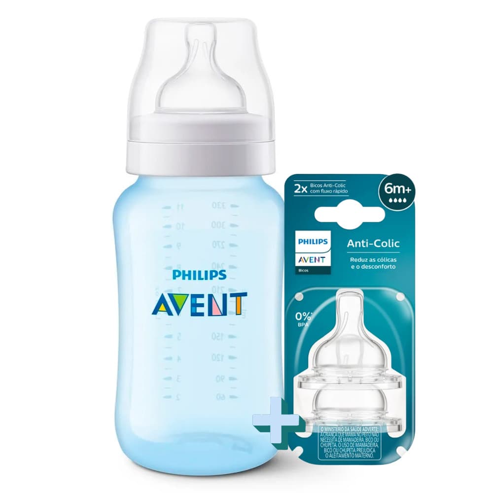 Kit Mamadeira Avent Bebê Philps Anti Colica Azul + Bico