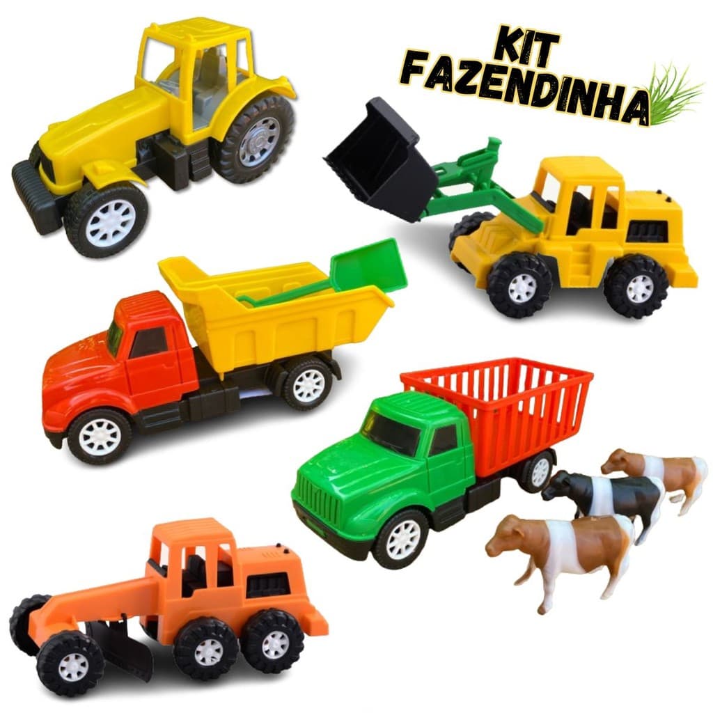 Kit economico brinquedo 5 carrinho fazenda trator caminhão boiadeiro areia presente menino doação