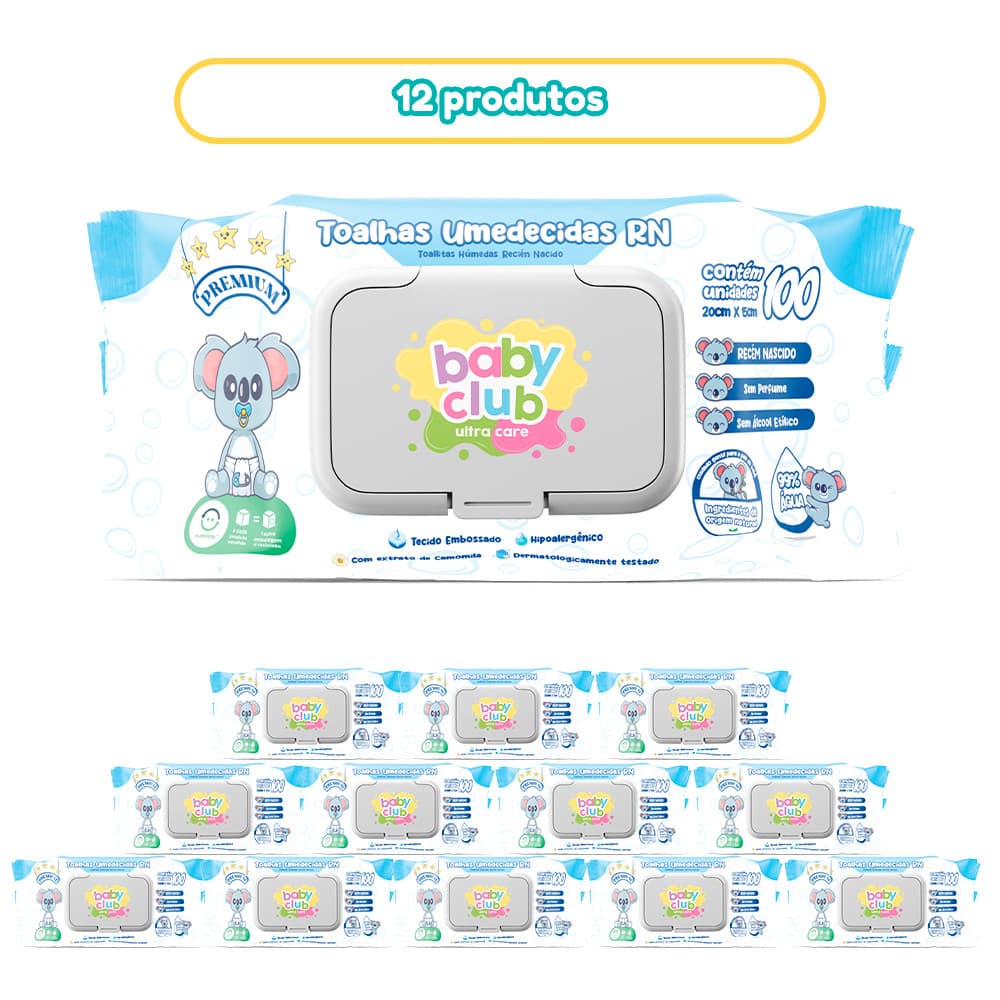 KIT TOALHAS UMEDECIDAS RECEM NASCIDO BABY CLUB 12 UNIDADES 100FLS