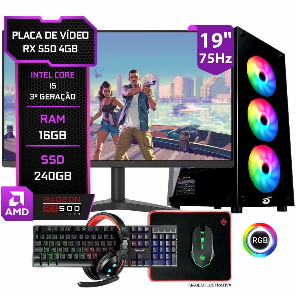 PC Gamer COMPLETO RX 550 4GB, Intel i5, 16GB RAM, SSD 240GB + Monitor 19" + Kit Periféricos