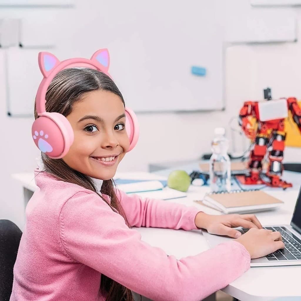Fone de Ouvido Bluetooth de gatinho com Luz LED Colorido P2 Sem Fio Dobrável  Infantil Criança