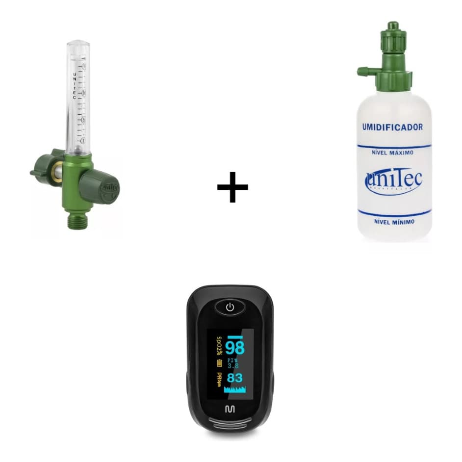 Kit Oxigênio - Fluxômetro Para Cilindro De Oxigênio + Frasco Umidificador Para Fluxômetro + Oximetro De Dedo Saturimetro