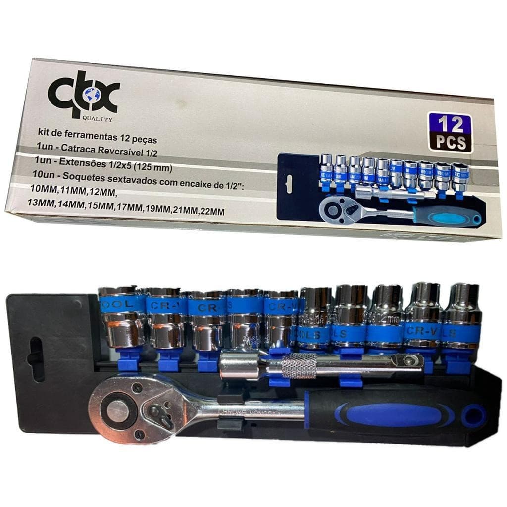Jogo De Soquete Sextavado 1/2 1/4 Catraca 12 Peças 10 a 24mm com Extensão