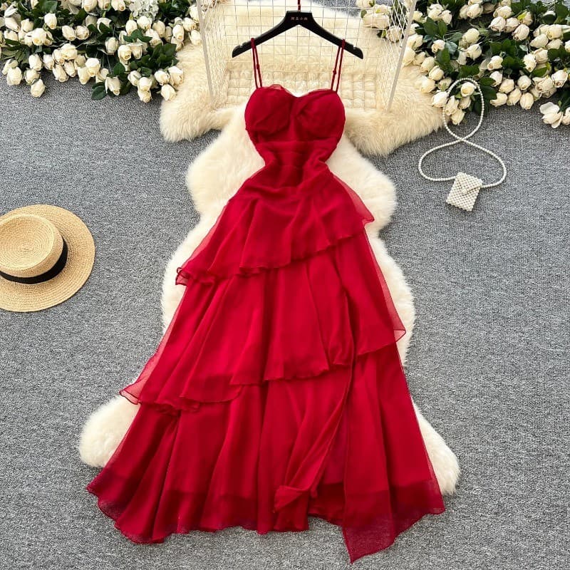 Verão Vermelho Vestido De Praia Feminino Francês Plissado Sem Alças Irregular Babados Vestidos Longos Vintage Senhoras F