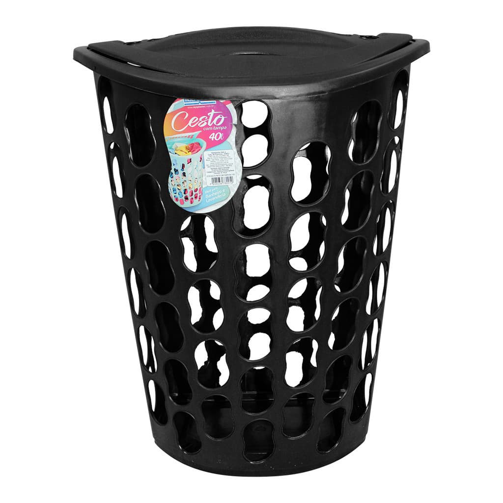 Cesto De Roupa Banheiro Lavanderia 40 Litros Multiuso Preto Com Tampa Preta