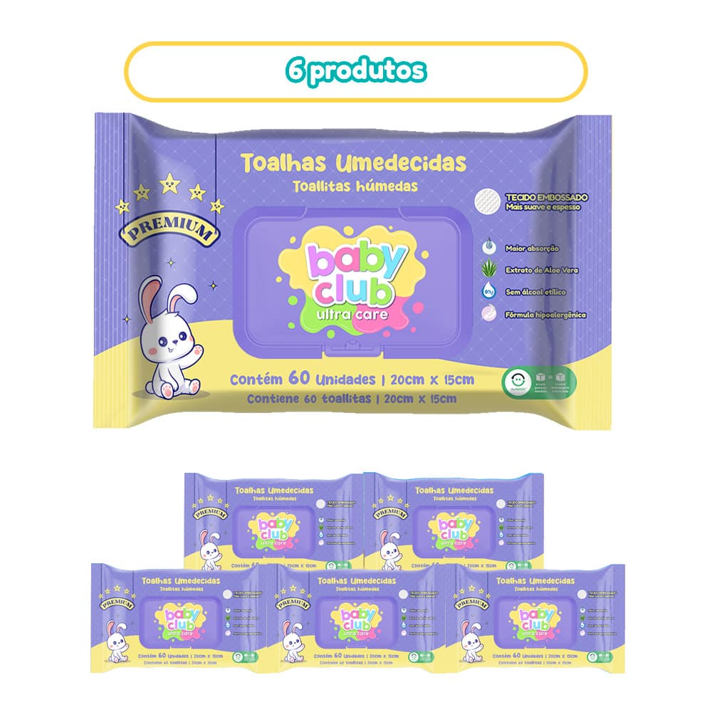 Kit 6 Toalhas Umedecidas Premium 60 Folhas Cada Baby Club