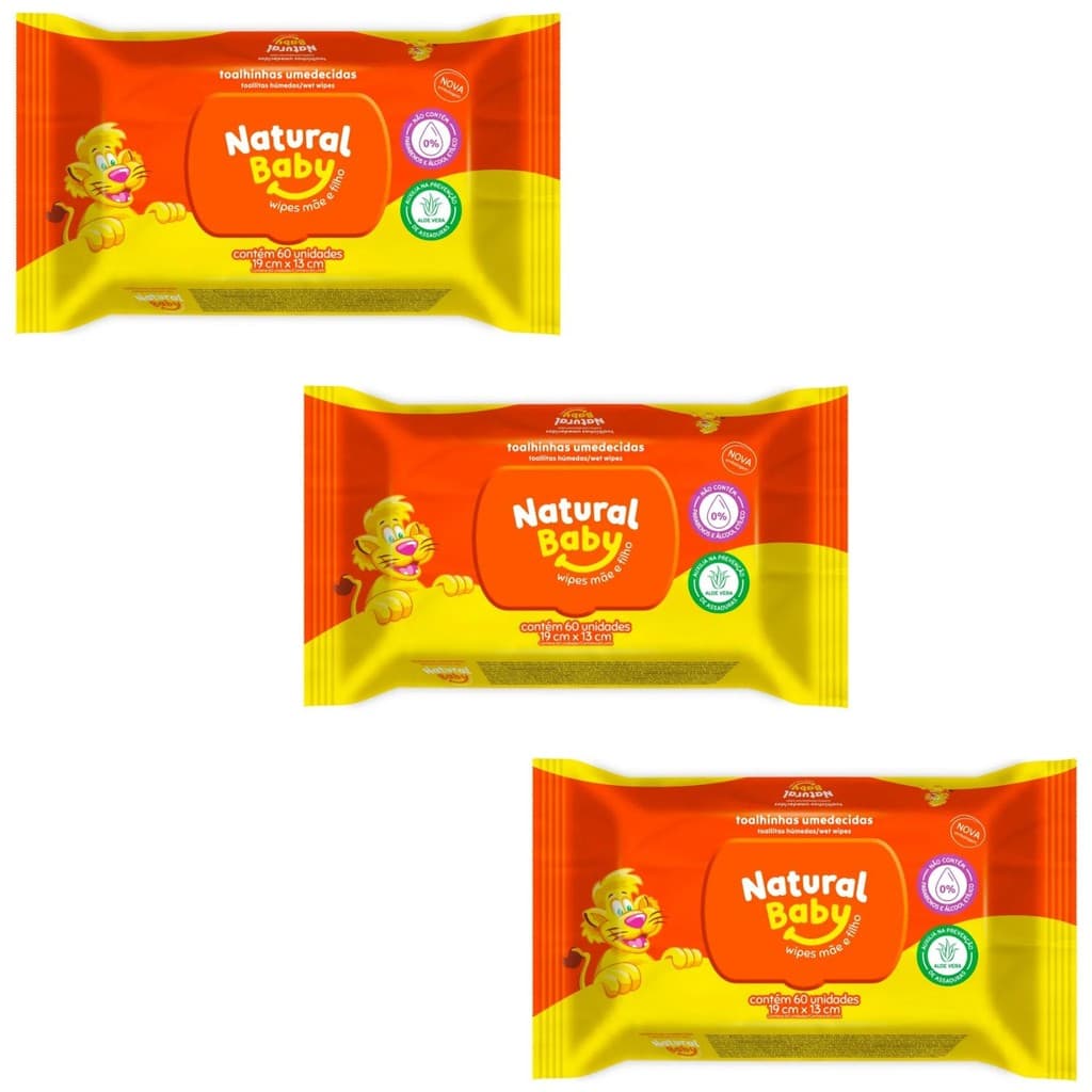 kit 3 pacotes de Toalhas Umedecidas Natural Baby 60 unidades