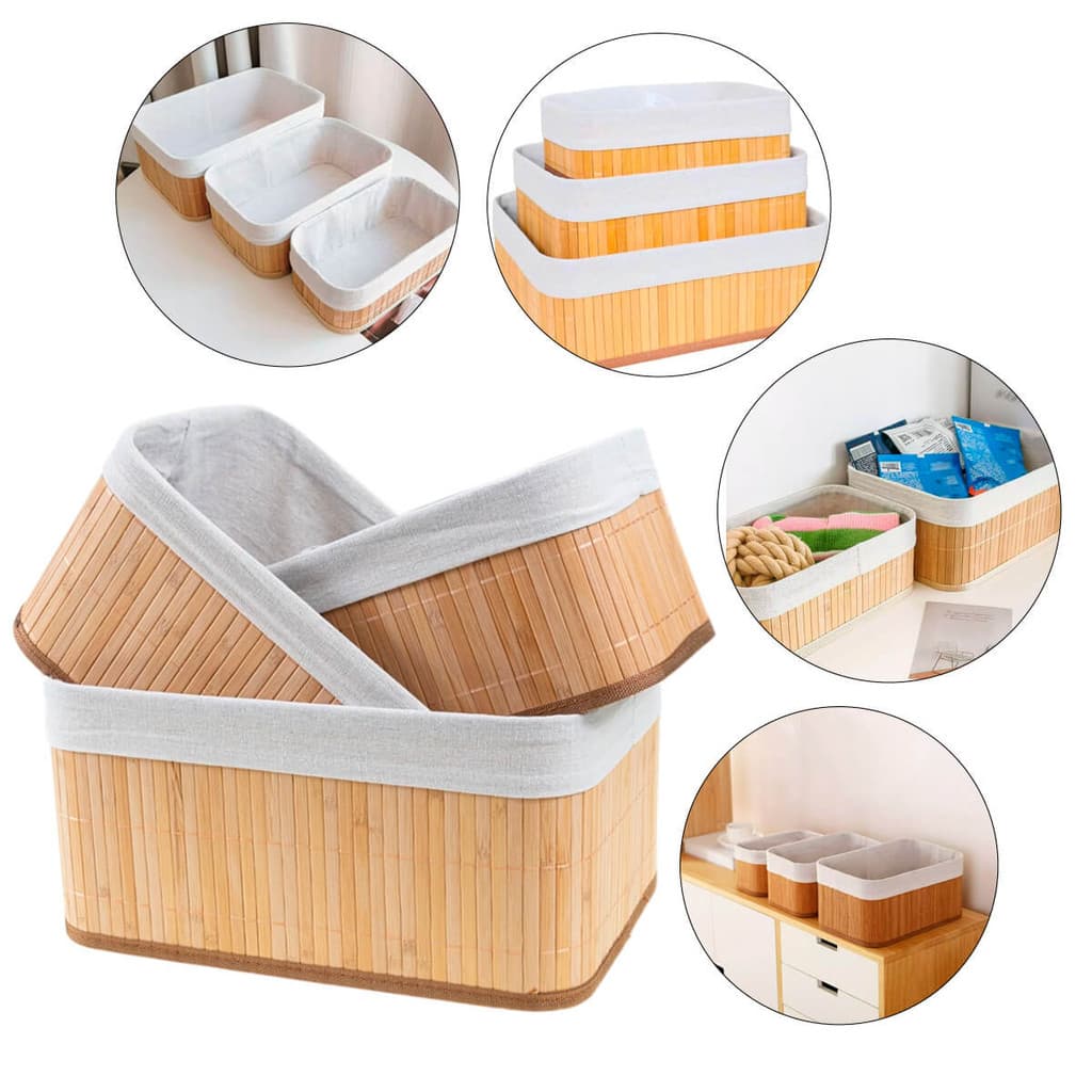 Kit 3 cestos organizadores de bambu com forro ideal para quarto banheiro e lavanderia