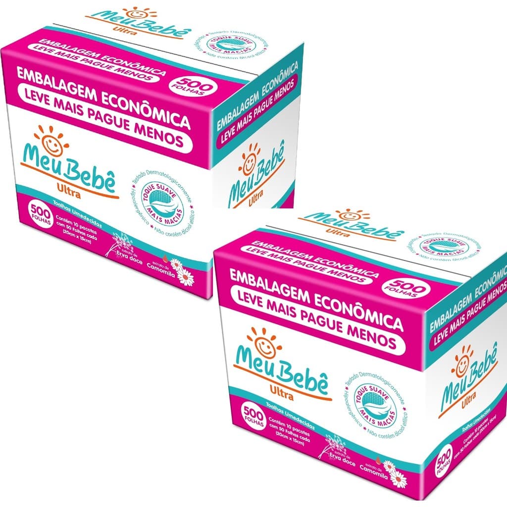 Kit 2 Caixas de Lenços Umedecidos Meu Bebe Utra 1000 Lenços Hipoalergenicos Plus 6074