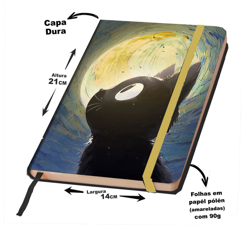 CadernO Fofo Sketchbook Capa Dura para Anotação ou Desenho - GATO PRETO