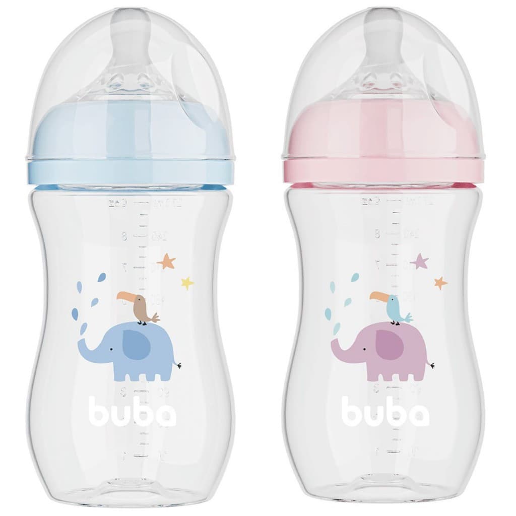Mamadeira Easy Flow Elefante 330ml Anticólica Buba Rosa/Azul