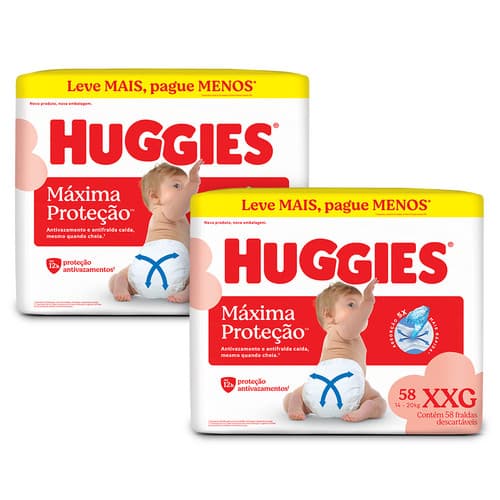 Kit 2 - Huggies Fralda Descartável Máxima Proteção XXG - 58 Un