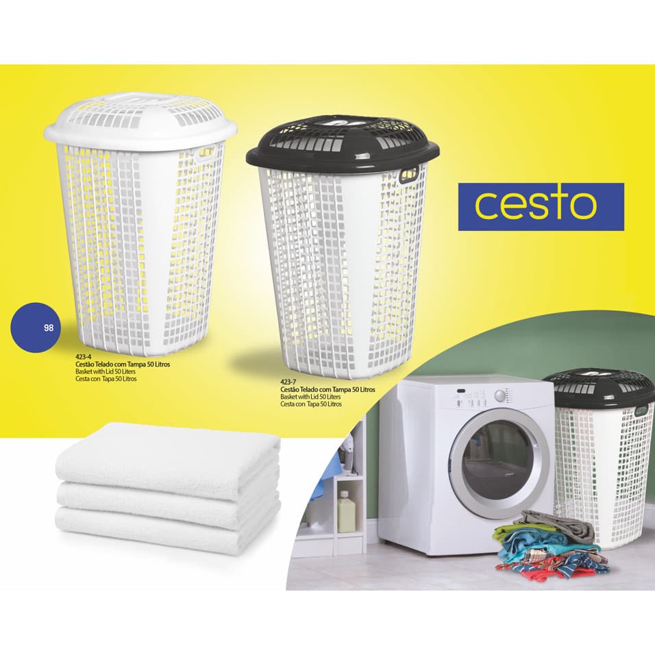 Cesto De Roupa Telado 50 Litros Resistente Lavanderia Com Tampa Organizador Roupas Lavanderia Banheiro Balde Multiuso