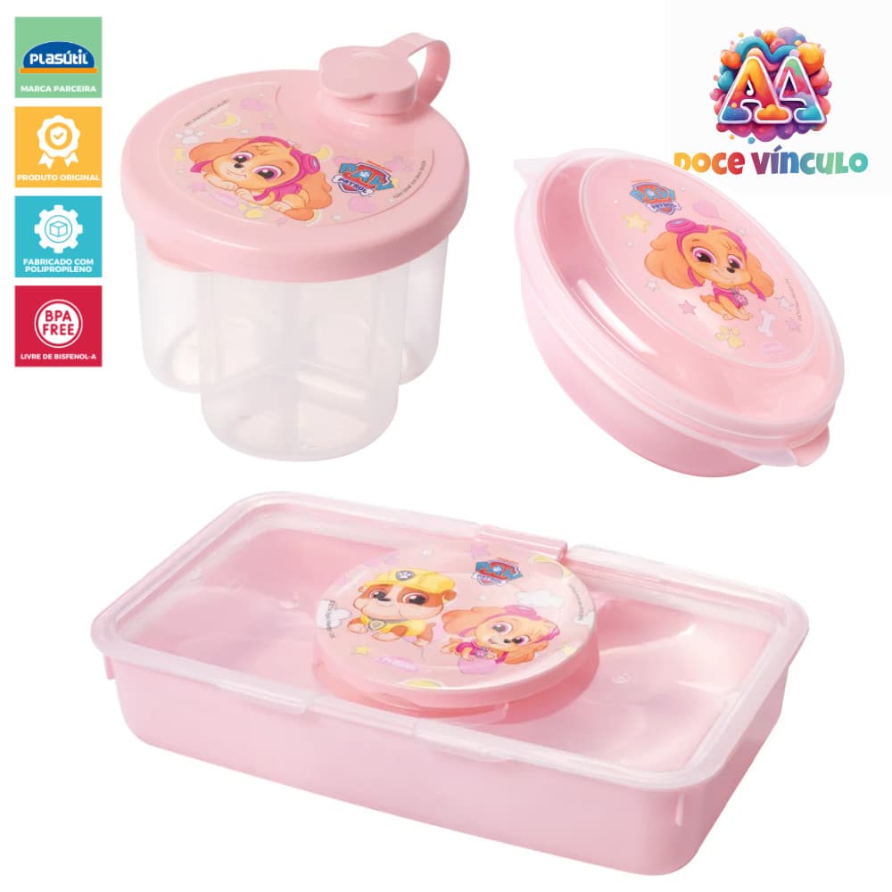 Kit Porta Lenços Umedecidos Saboneteira e Dosador de Leite Portátil Tampa Patrulha Canina Baby Rosa
