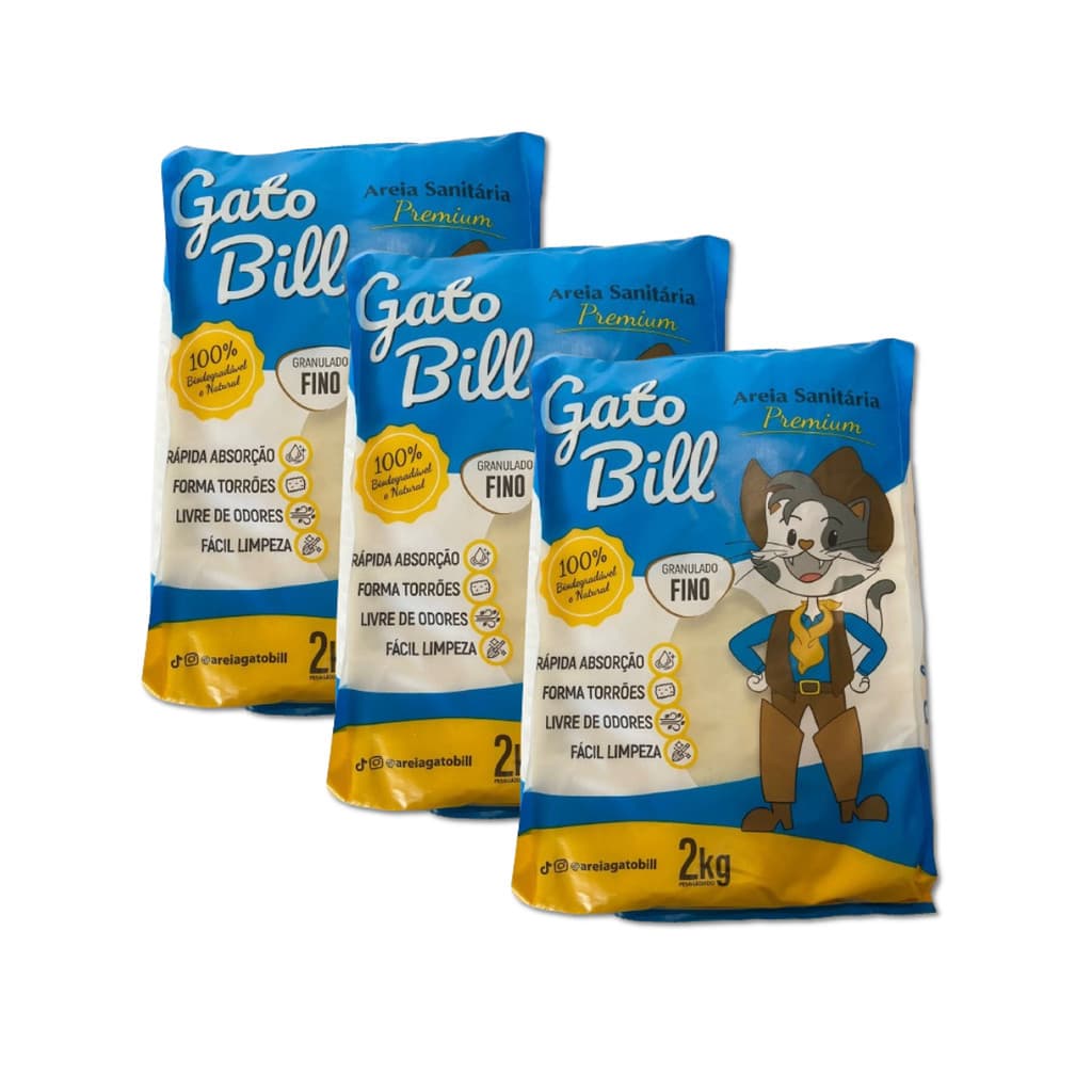 AREIA SANITÁRIA GATOBILL PARA GATO ECOLÓGICA NEUTRALIZA ODOR SUPER ABSORVENTE FORMA TORRÕES FIRMES KIT 3X FINA