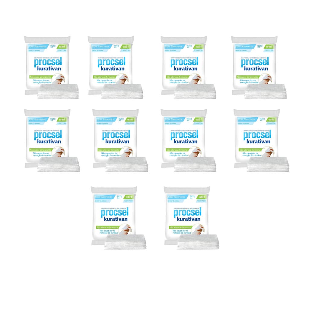 Kit com 10 Pacotes de Compressa Kurativan Estéril 7.5cmx7.5cm Procsel - 100 Unidades