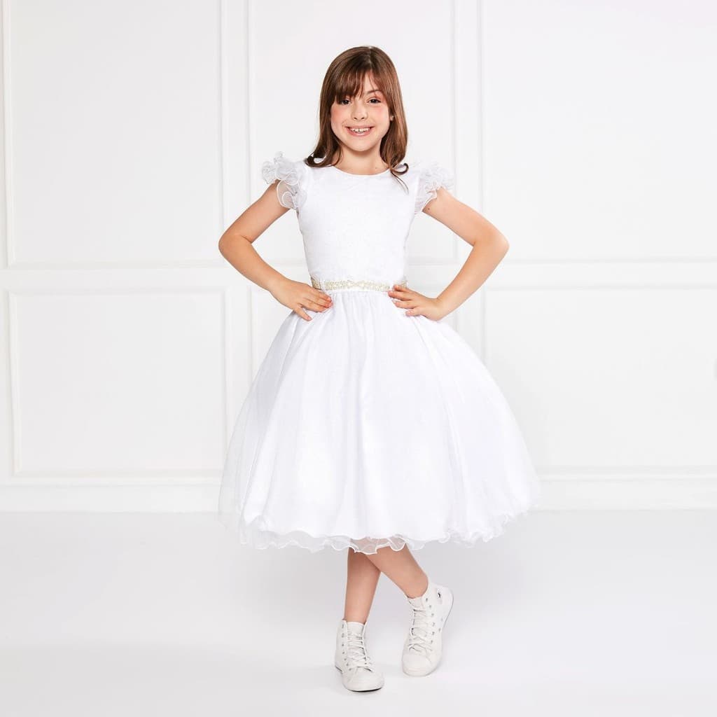 Vestido Glitter Branco Manga Godê De Festa Infantil Rodado Noivinha Casamento Formatura