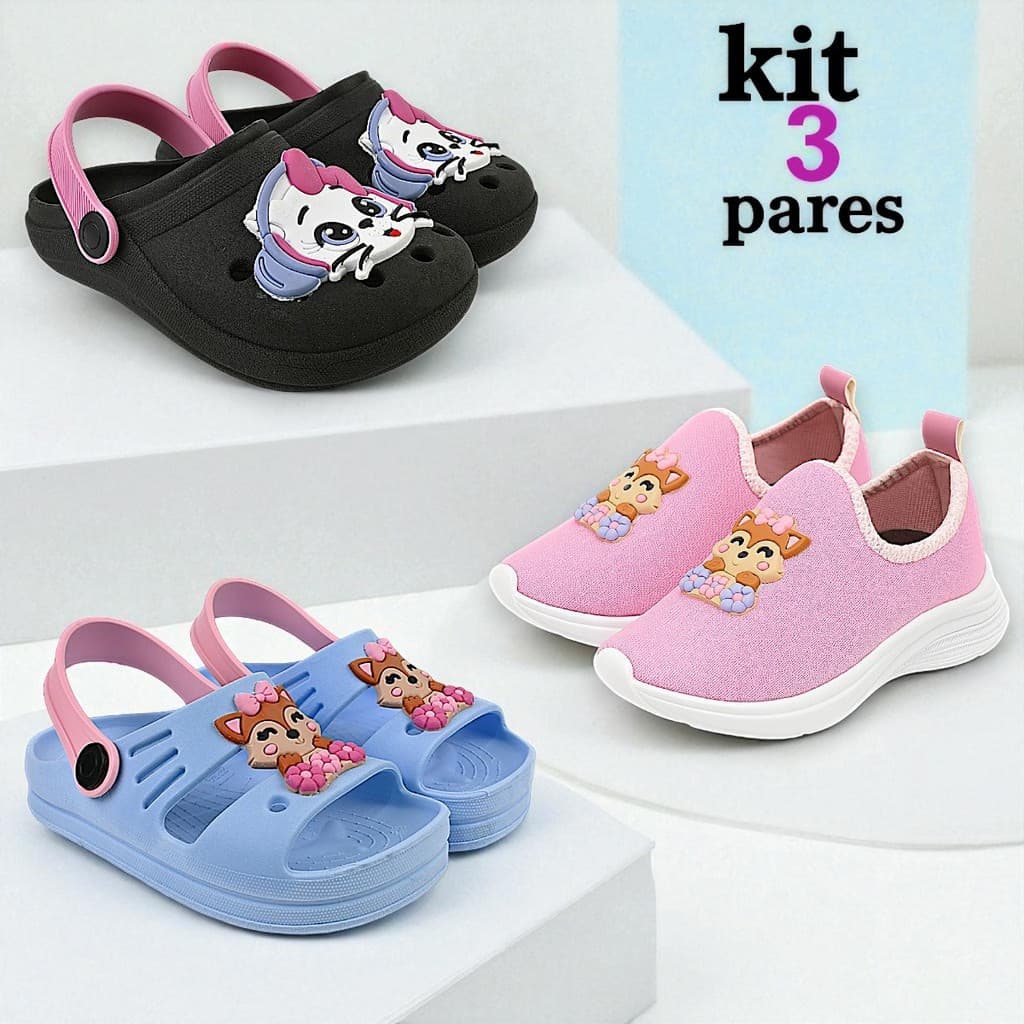 Kit 3 Tênis Infantil Menina e Sandália Confortável