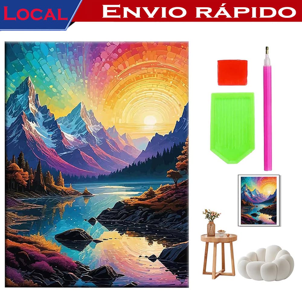 Pintura de Diamante 5D Montanha Dourada 40x30cm – Feito à Mão, Melhora Concentração e Alivia Ansiedade, Presente