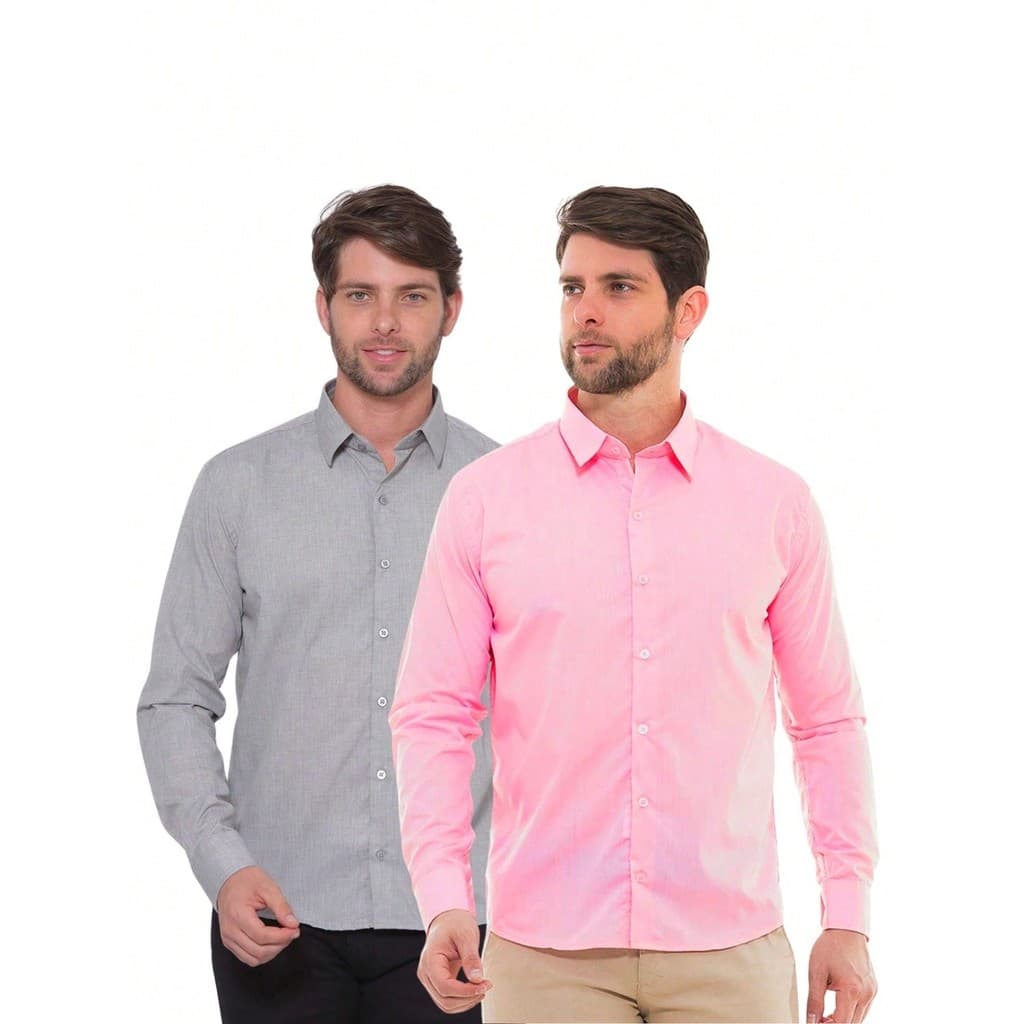 KIT Masculino 2 Peças - Camisa Social Masculina Premium Tipo Linho Smoke e Camisa Social Slim Manga Longa Rosa
