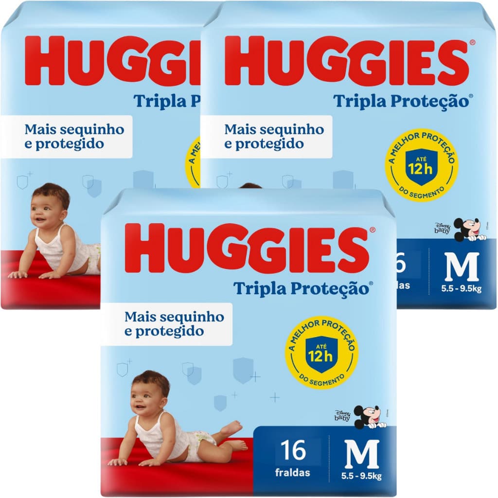 3 Pacotes da Fralda Huggies Tripla Proteção M com 16 Unidades Por Pacote