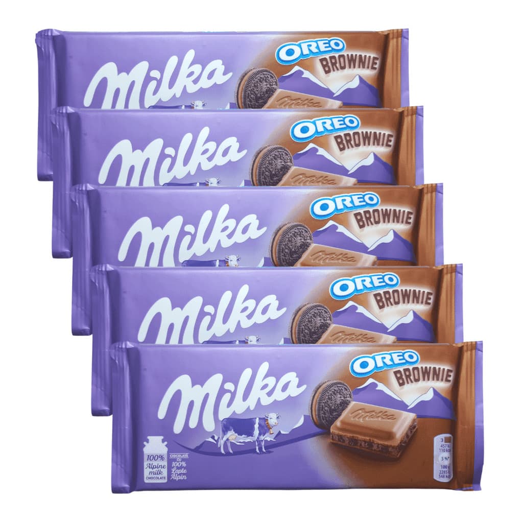 5 barras de chocolate milka com recheio de oreo brownie 100g
