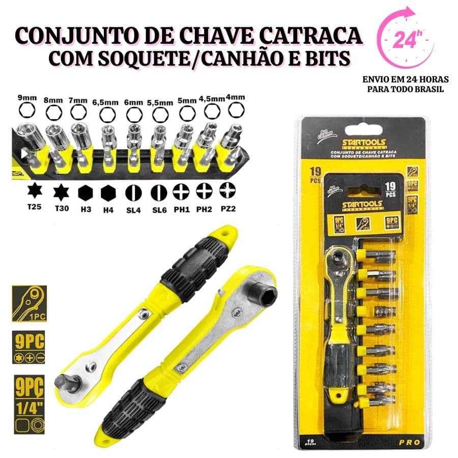 Jogo Chave Catraca Com Soquetes Kit 19 Peças Tipo Canhão E Bits Uso Geral Mini Kit Reparo Casa