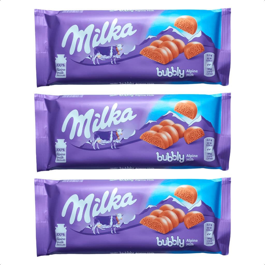 Kit 3 Chocolates Milka Bubbly Aerado Ao Leite 100g