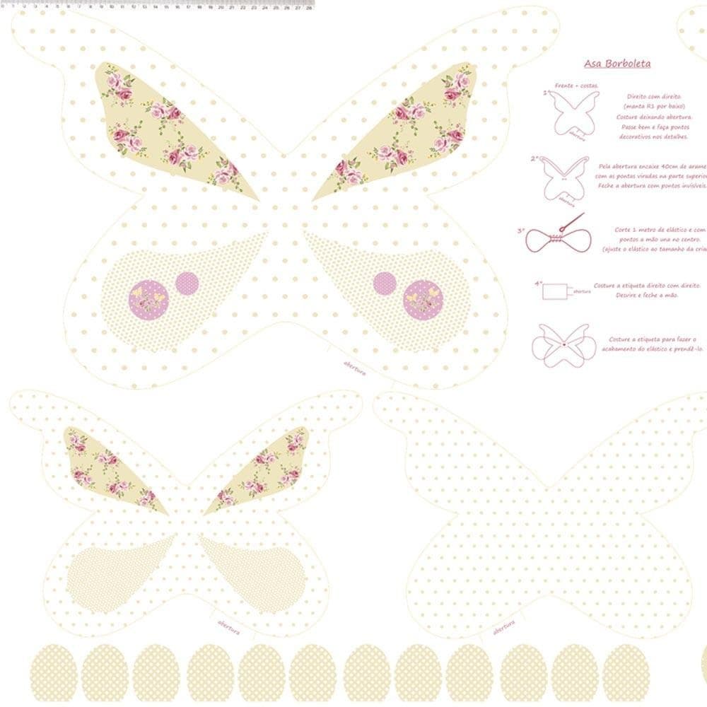 Tecido Estampado para Patchwork - Coração de Pano: Painel Borboleta Bege (0,64x1,48)