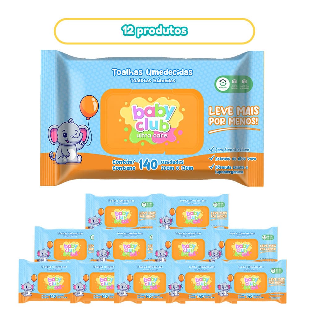 12 Pacotes Toalha Umedecida Tradicional 140 Fls Baby Club