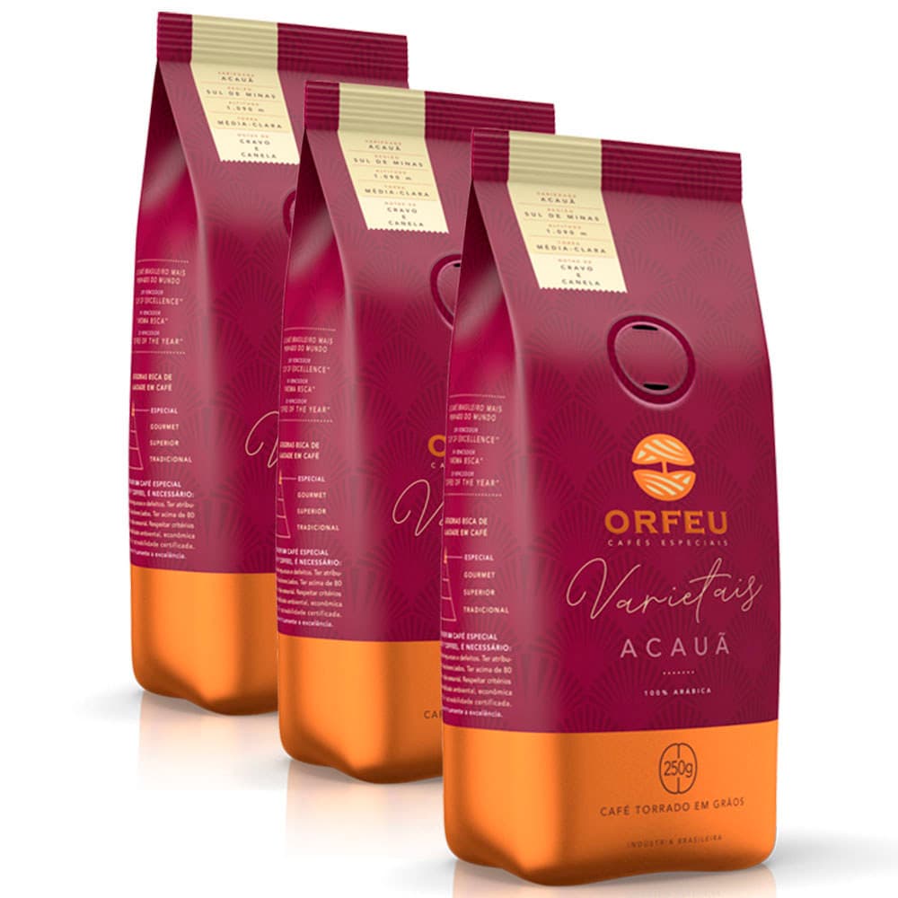 Café em Grãos Premium Orfeu Acauã Kit 3 Pacotes de 250g