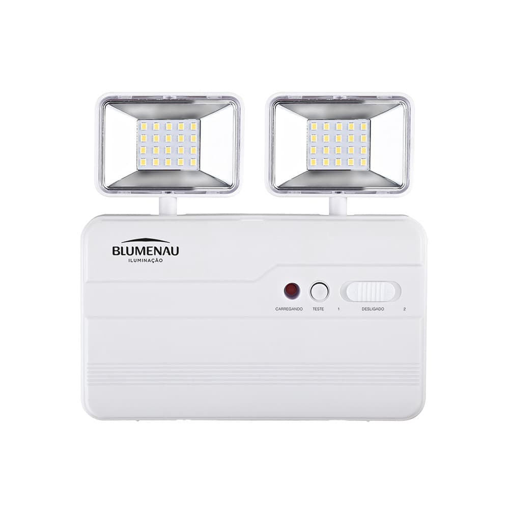 Luminária de emergência recarregável LED com 2 Faróis 5W 1200 lúmens Bivolt luminária emergência em bloco luz de emergência grande 2 blocos iluminação extensa cor branca garantia 12 meses recarrega na tomada
