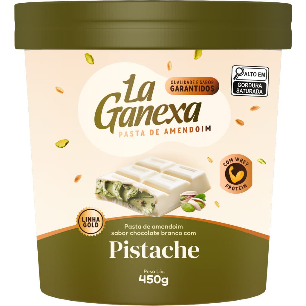 Pasta de Amendoim La Ganexa Pistache e Chocolate Branco Combinada com uma boa Dose de Whey Protein