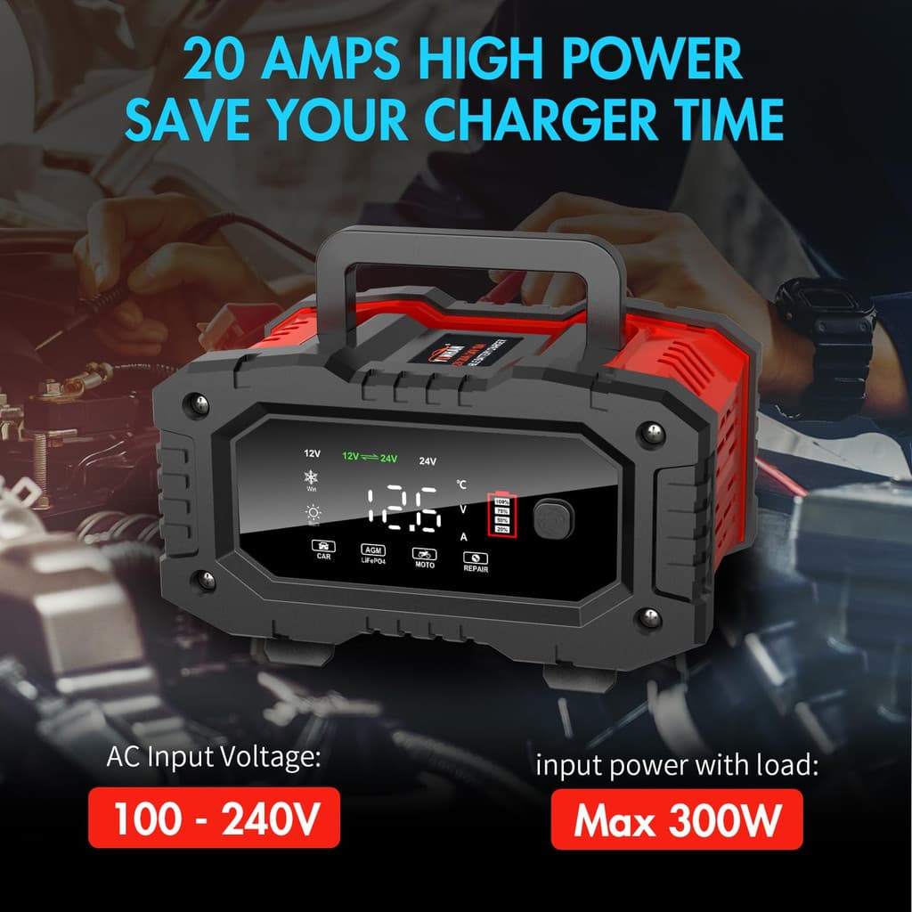 Carregador De Bateria 12V/24V LiFePO4 Mantenedor De Bateria Totalmente Automático Com Display Multi Funções