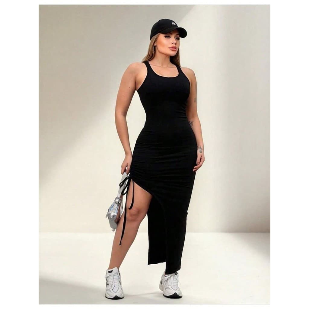Vestido Longo Fenda Regata Sport Vestido Canelado Preto