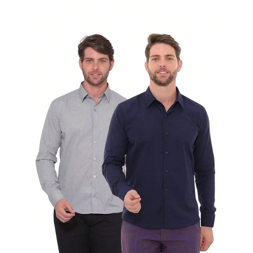 KIT Masculino 2 Peças - Camisa Social Masculina Premium Tipo Linho Smoke e Camisa Social Slim Manga Longa Azul Marinho
