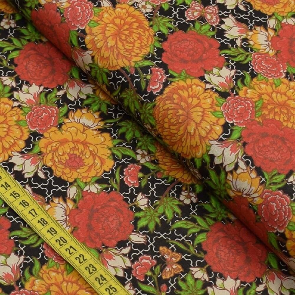 Tecido Estampado para Patchwork - Crisântemos : Geométrico Fundo Preto (0,50x1,40)