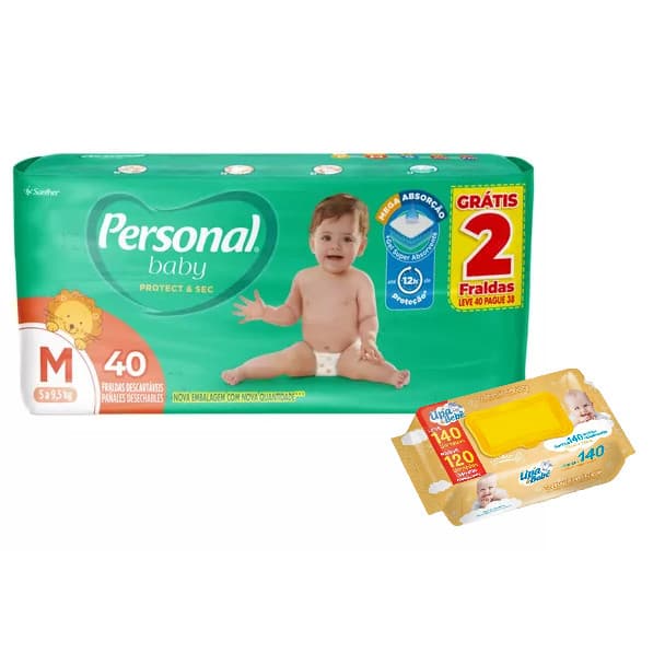 Kit higiene bebê Fralda Personal Protect & Sec M c/ 40 fraldas e Lenço Umedecido Upa Bebê