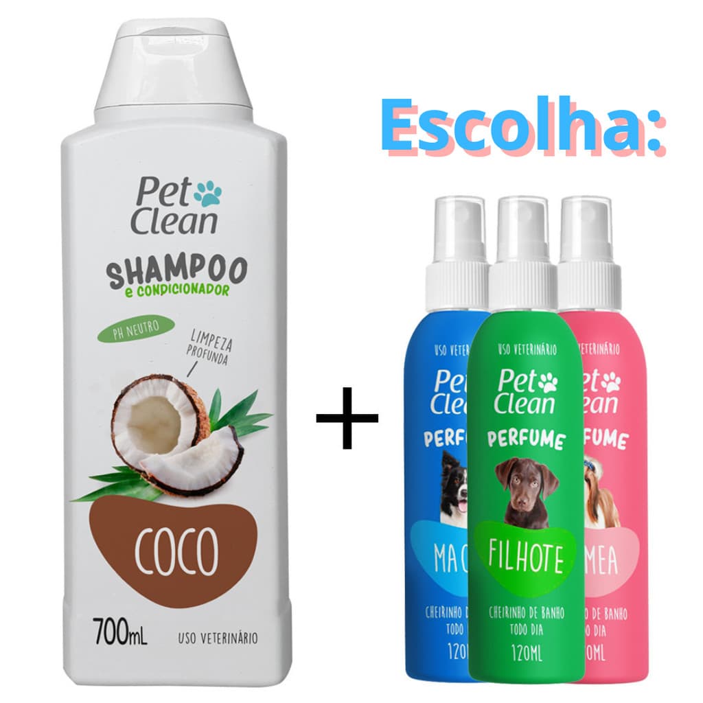 Kit Shampoo e Condicinador Coco + 1 Perfume 120ml para Cães e Gatos Pet Clean