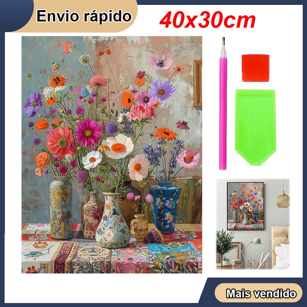 flor em um frasco Quadrado Kit Pintura de Diamante 5d Paisagem Variados Diamond Paiting  40x30cm