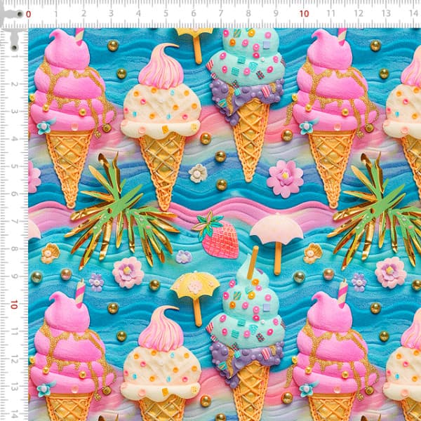 Tecido Tricoline Digital 3D Praia dos Sabores Costura Artesanato Patchwork Pano DIY Ateliê