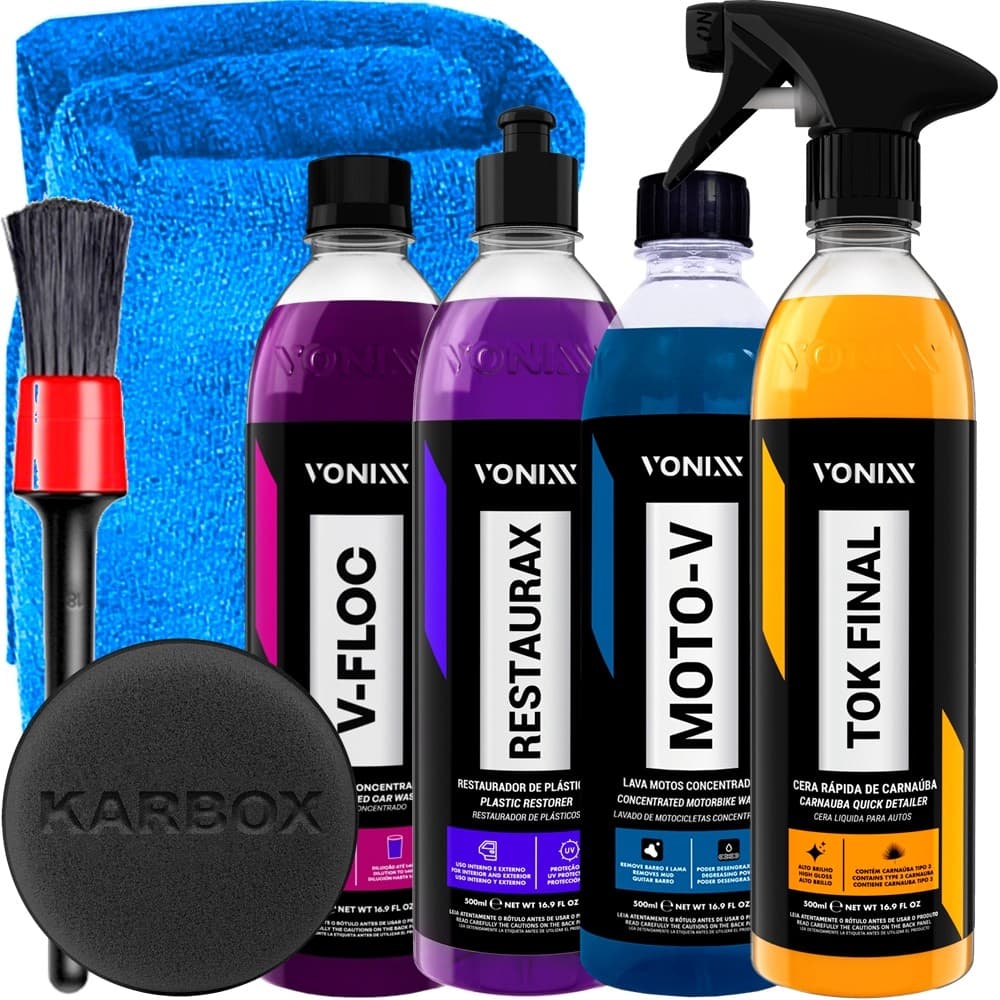 Kit Limpeza de Carro Moto Estética Automotiva Shampoo V-Floc Vonixx Moto-V Cera Tok Final Restaurax Acessórios Karbox