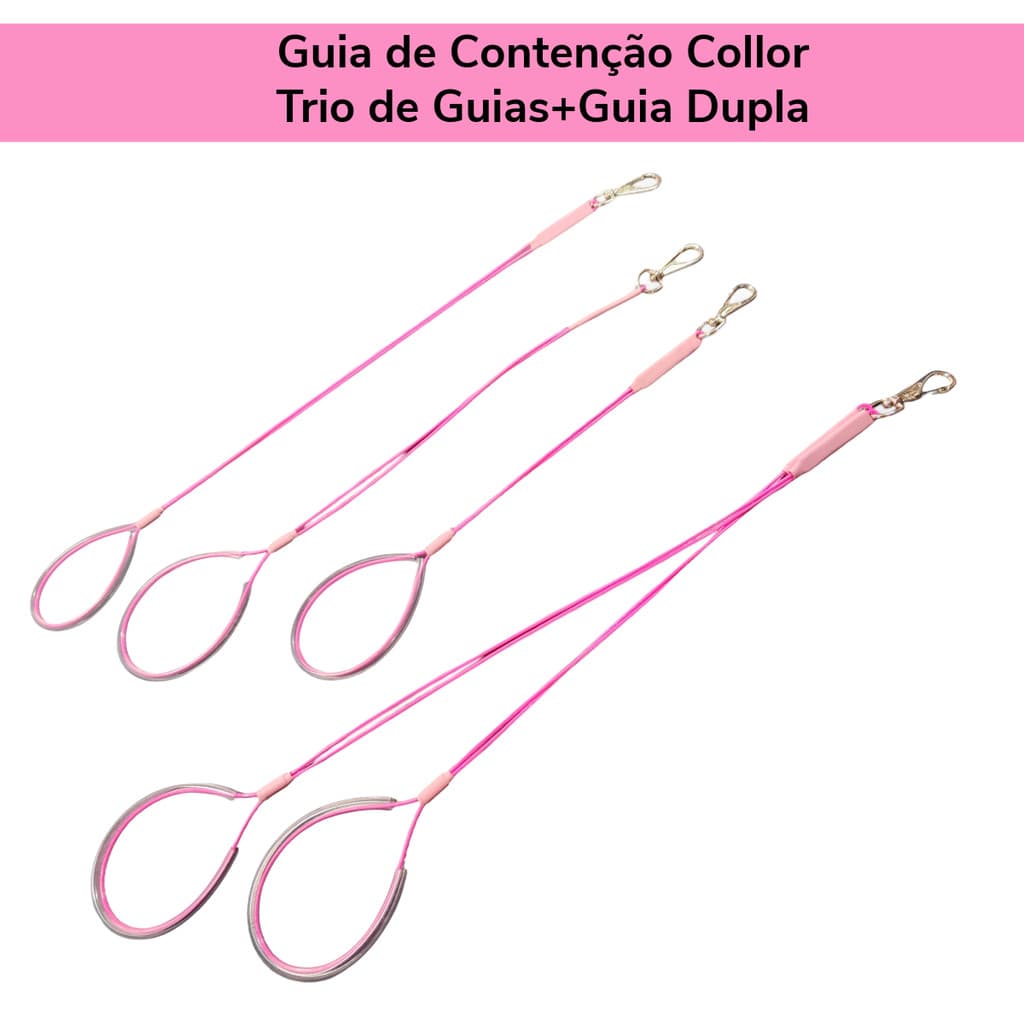 Trio de Guias de Contenção Fashion Collor Pink 45,60 e 70cm + Guia Dupla Banho Tosa Veterinario Pet Shop Groomer - Caes