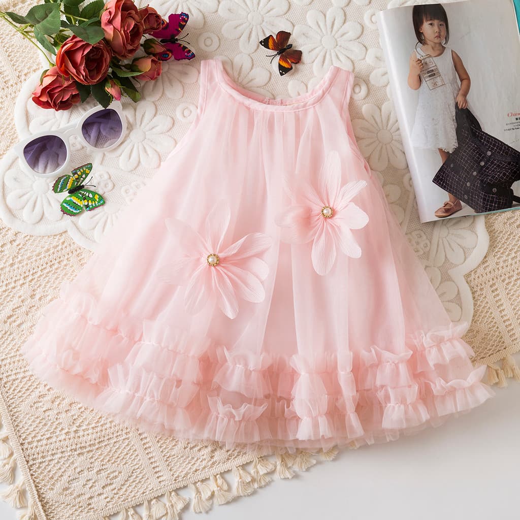 Pérola Flor Gaze Vestido De Bebê Verão Respirável Sem Mangas Casamento Menina