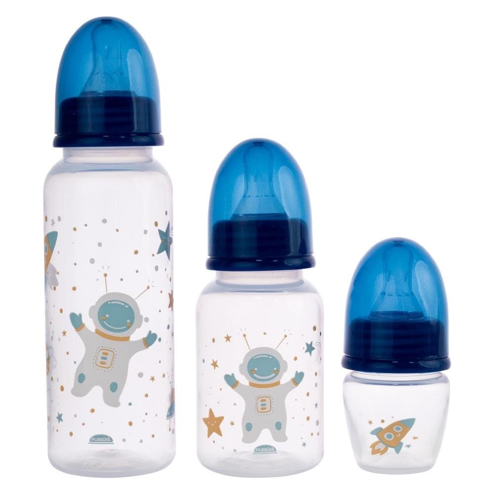 Kit 3 Mamadeira Anticólica Astronauta Azul Padrão 40, 150 e 250 ml Menino Bebê Plasútil