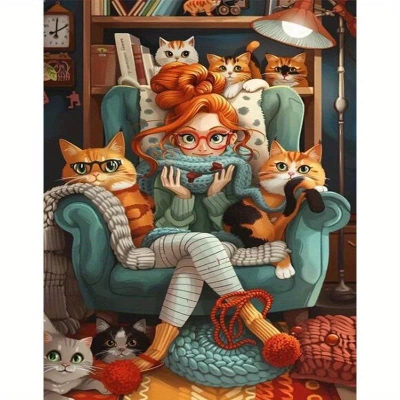 Kit De Pintura De Diamante 5D DIY-Menina Com Gato Manchado De Tigre Arte Em Tela Completo | Costura Cruzada Mosaico Bord