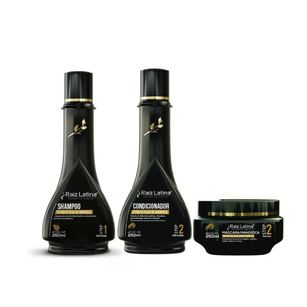 Kit Mandioca Raiz Latina Shampoo + Condicionador + Máscara hidratante 250ML para Cabelos com Pouco Crescimento e Oleosos
