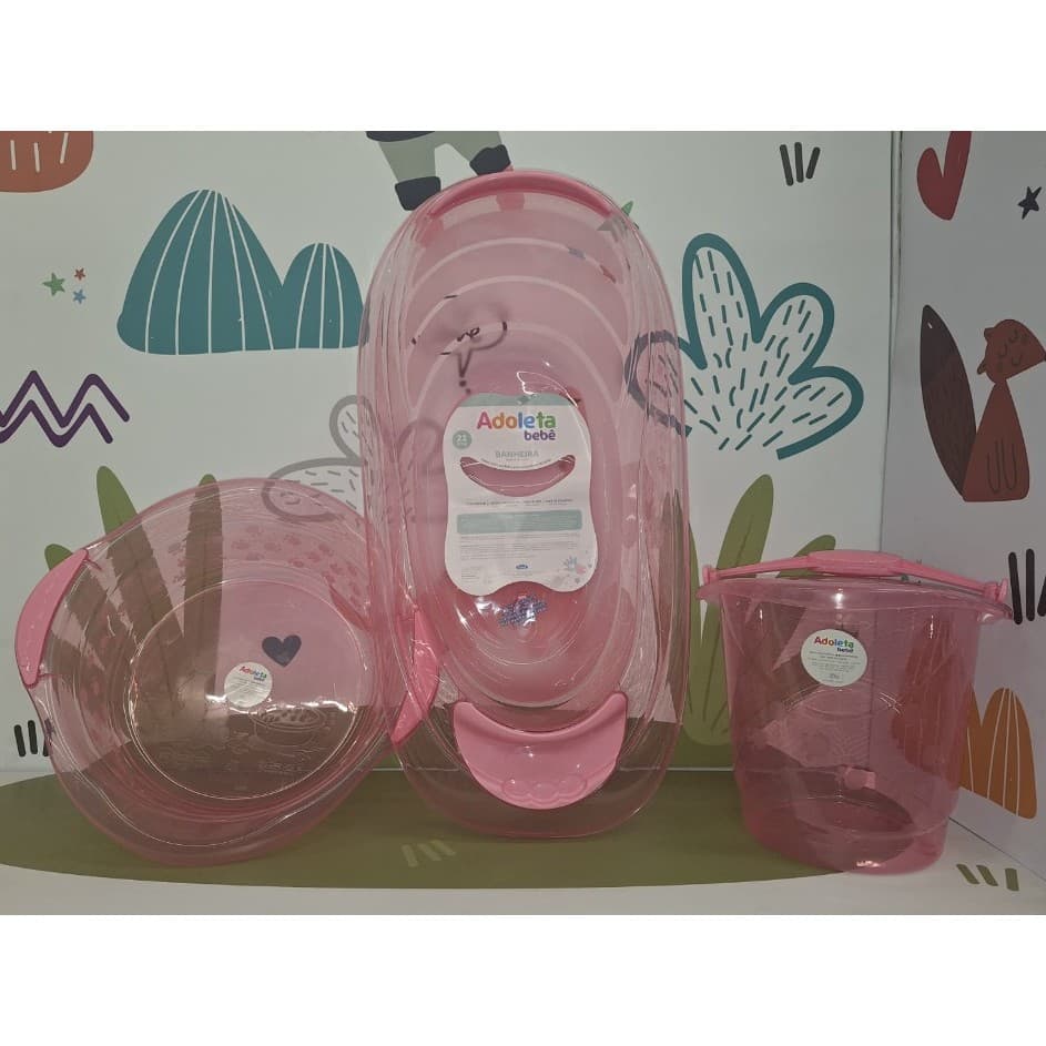 KIt Banheira De Bebê Adoleta Com Balde e Bacia Rosa Translúcido
