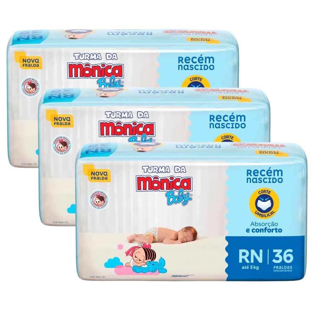 Kit 3 Fraldas Turma da Mônica Recém-Nascido com 36 unidades cada